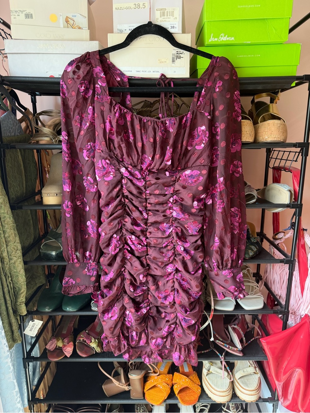 Astr Ruched Long Sleeve Floral Mini Dress in Burgundy and Fuchsia
